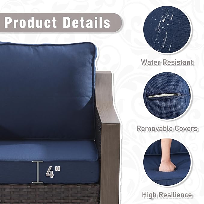 3 Piece Wicker Patio Conversation Set, All-Weather Use Outdoor Wicker Sofa with 2 PE Rattan Swivel Chair, Removable Water-Resistant Cushion, Ideal for Porch, Backyard, Balcony, Poolside, Blue