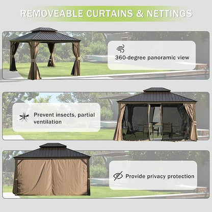 Domi 10x14 FT Outdoor Gazebo, Hardtop Gazebo with Galvanized Steel Double Roof, Metal Gazebos with Drainage System Patio Pergola for Patio Deck Backyard,Curtain and Netting, Brown