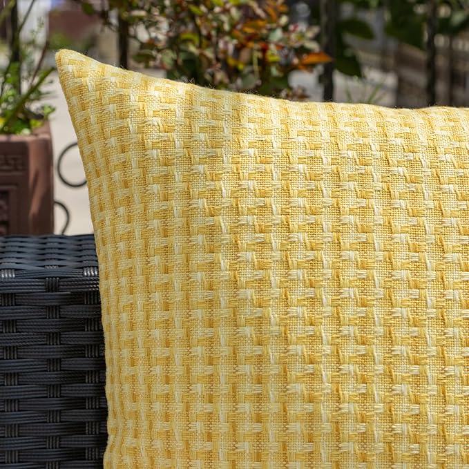 Kevin Textile Outdoor Waterproof Throw Pillow Covers Pack of 2 Weaving Texture Water Resistant Outside Decorative Cushion Covers for Garden Patio Tent Balcony Bench Couch Sofa 16x16 Inch, Yellow