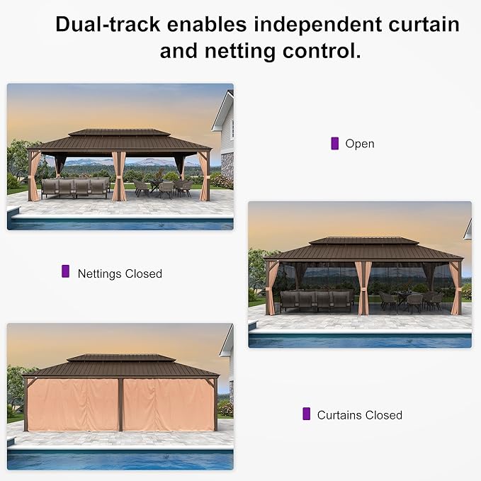 PURPLE LEAF 14' X 24' Outdoor Hardtop Gazebo Patio Wide Aluminum Frame Metal Double Roof with Heavy Duty Netting and Curtains for Permanent Hard Top Pavilion Screen, Khaki