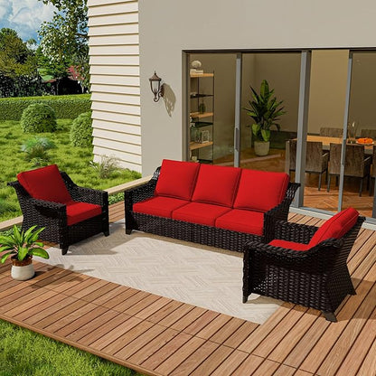 Vista Vibe 3 Pieces Outdoor Patio Conversation Furniture Set - 78" 3-seat Sofa | 2 Wicker Chairs, Deep Seat Loveseat, Removable Cushions, Hand-Woven PE Rattan Couch, Balcony (Brown/Red)