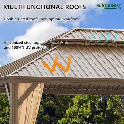 12x16 ft Hardtop Gazebo Outdoor Aluminum Patio Gazebo Double Roof Galvanized Steel Canopy with Netting and Curtains for Garden, Backyard, Deck and Lawns.