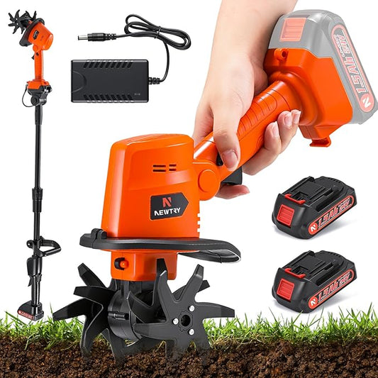 NEWTRY Cordless Electric Tiller Handheld & Extended Rod Dual Modes, 4'' Tilling Depth & Width, with 2x1500mAh Batteries for Small Scale Garden, Raised Beds