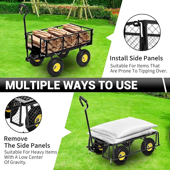 Heavy Duty Steel Garden Cart, 900 LBS 3 in 1 Pullable Metal Garden Wagon with 10" Wheels, 180° Rotating Handle and Removable Sides for Farm, Yard