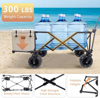 51" L Beach Wagon with 9" Sand Wheels,260L Collapsible Beach Cart with Rear Tailgate,Heavy Duty Wagon for Sand, Camping, Fishing and Sport,Black