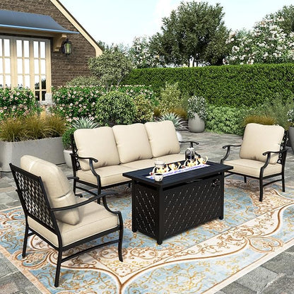HERA'S HOUSE 4 Pieces Patio Fire Pit Furniture Set, 2 x Single Chair, 3-Seat Sofa with 45" Fire Pit Table, Outdoor Conversation Set for Garden, Poolside, Backyard