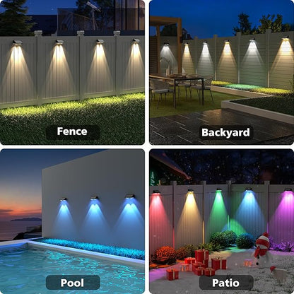 APONUO Solar Fence Lights Outdoor Waterproof, Fence Lights Solar Powered, 9 RGB Color Modes&Warm White&Cool White, Fence Solar Light Outdoor for Backyard, Patio, Wall, Yard,Deck（Black, 6 Pack）