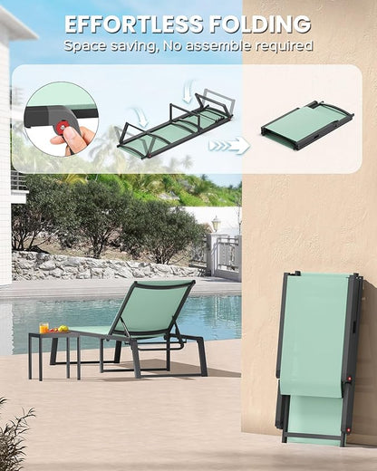 Aluminum Chaise Lounge Chair Outdoor, Foldable & Assembly Free Patio Pool Lounge Chairs 5-Position Recliner for Outside Poolside, Fully Grounded Legs Sun Lounger for Beach, Yard, Light Green