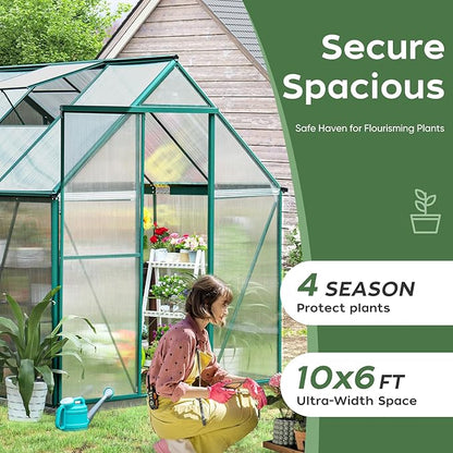 CDCASA 10x6 FT Outdoor Greenhouse, Aluminum Heavy Duty Polycarbonate Greenhouses w/Vent Window, Swing Door, Walk-in Green House for Outside, Backyard