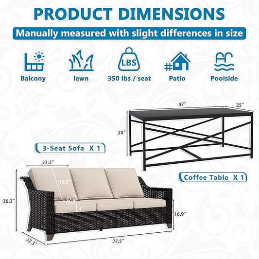 Vista Vibe 2 Pieces Outdoor Patio Conversation Furniture Set - 78" 3-seat Sofa | Metal Coffee Table, Deep Seat Loveseat, Removable Cushions, Hand-Woven PE Rattan Couch, Lawn (Brown/Beige)