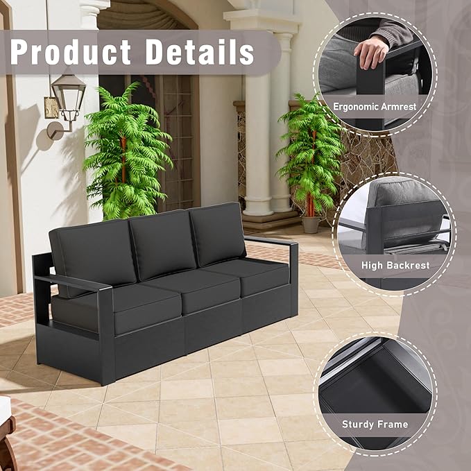 Aluminum Patio Sofa - 3-Seater Outdoor Sofa with 6" Thick Water-insistant Cushions, All-Weather Use Frame, Removable Cover, Ideal for Garden, Poolside (Grey)
