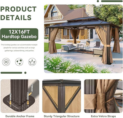 Aoxun 12'x16' Hardtop Gazebo, Aluminum Frame Permanent Pavilion with Curtains and Netting, Outdoor Polycarbonate Double Roof Canopy, and LED Outdoor Waterproof Hanging Lights