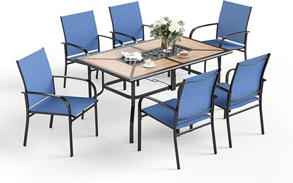 7 Pcs Patio Dining Set for 6, Metal Rectangular Dining Table (PVC Table Top) with Umbrella Hole and 6 Chairs, Outdoor Dining Set for Lawn Garden Deck, Blue