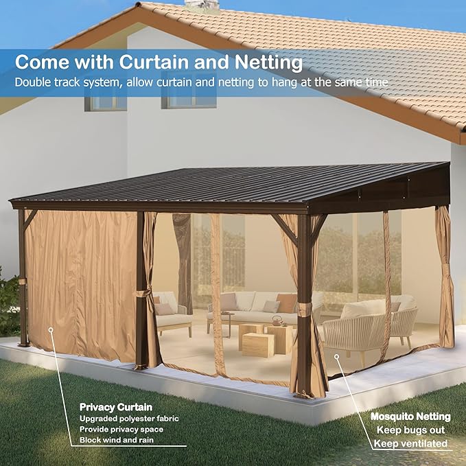 12’ x 16’ Lean to Gazebo, Outdoor Wall Mounted Gazebo Aluminum Frame, Hardtop Pergola with Galvanized Steel Sloping Roof for Patio Deck Garden Backyard, Curtain and Netting Included