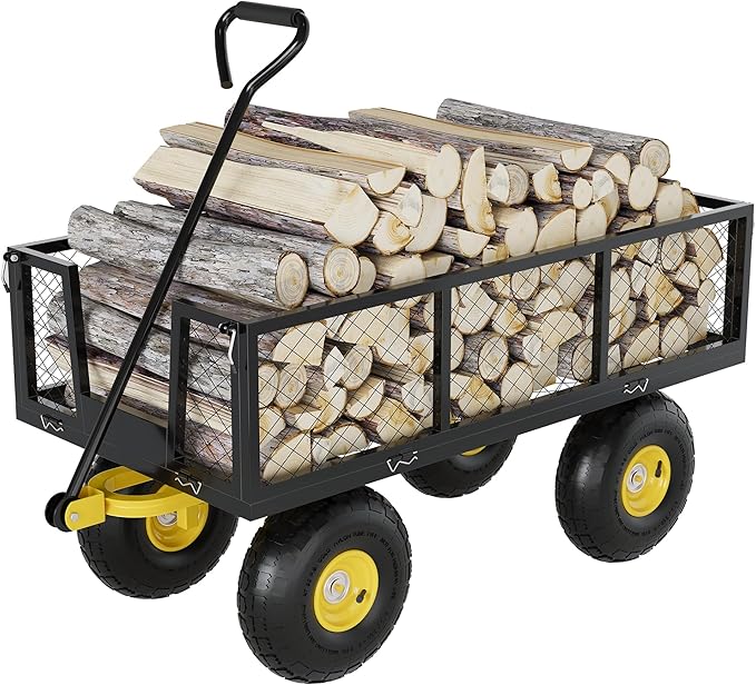 Metal Wagon - 900lbs Garden Cart with 10" Multi-Terrain Tires, 4 Removable Mesh Sides & 180° Swivel Handle, Yard Wagon Cart for Lawn, Yard, Patio Gardening