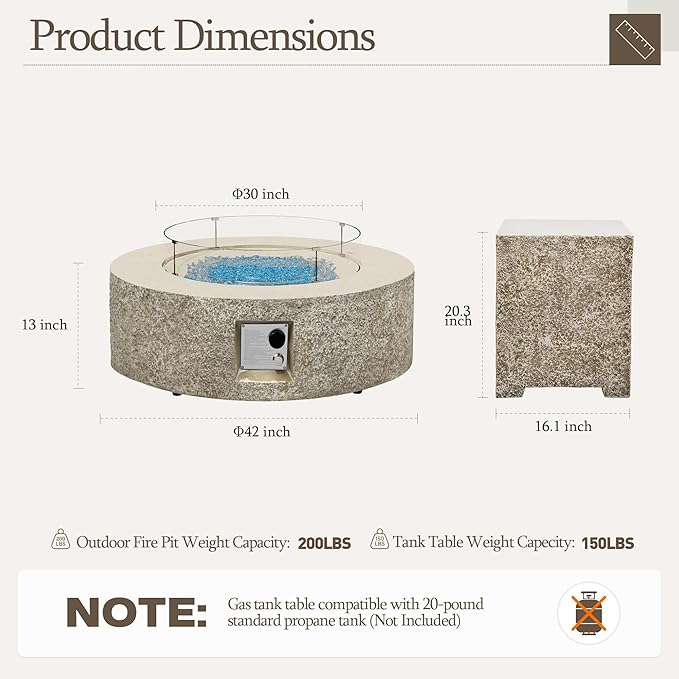 UPHA 42-inch Outdoor Propane Gas Fire Pit Table 50000 BTU Concrete Rectangle FirePit for Outside Patio with Propane Tank Cover, Wind Guad, Blue Glass Rocks, Rain Cover, Beige Texture