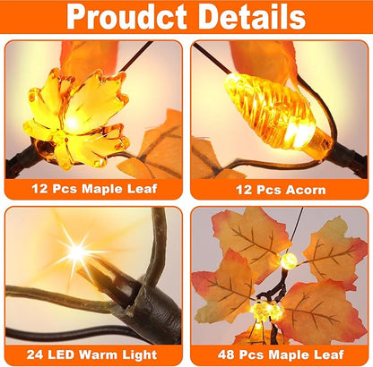 2 Pack 24 Inch Artificial Lighted Fall Maple Tree Thanksgiving Decorations with 48 LEDs Battery Operated Timer Prelit Acorn Maple Tree Lights for Thanksgiving Table Decor Home Indoor Autumn Harvest