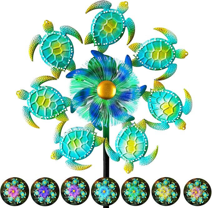 Sea Turtle Outdoor Solar Wind Spinners for Yard - 51" Metal Wind Sculptures Garden Stake with Color Changing LED Lights 360° Windmill Kinetic Spinner for Lawn Patio Decor