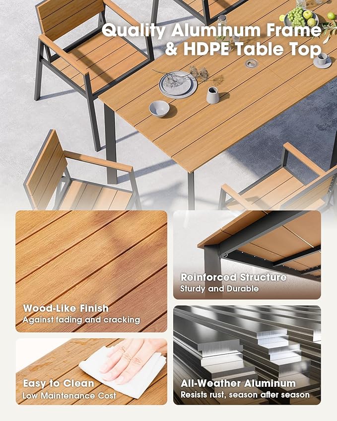 Outdoor Patio Dining Sets, Aluminum&HDPE 5 Piece Dining Table Set with Umbrella Hole, Modern Rectangular Patio Furniture Set with All-Weather Table and 4 Chairs (Gray & Teak)