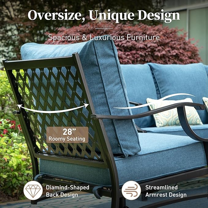5 Piece Metal Outdoor Patio Furniture Set, Patio Conversation Sets 1 3-seater Sofa, 2 Swivel Chairs, 2 Ottomans with 5.75" Thick Cushion, Black All-weather Backyard Furniture Set, Navy