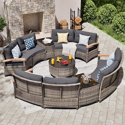 MEISSALIVVE 11 Piece Outdoor Patio Furniture Set, Half-Moon Curved Sectional Sofa Rattan Conversation Set with Wood Armrests, Coffee Table & 2 Side Table（Grey）