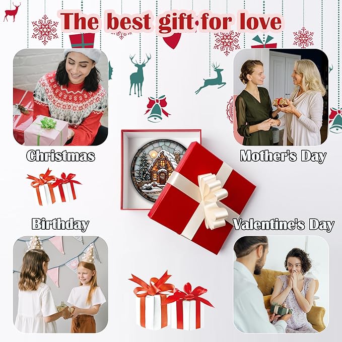 Stained Glass Window Hanging - Christmas Tree Cottage Sun Catcher for Door Garden Home Winter Decor Snowy Night Suncatcher Mother's Day Birthday Gifts for Women Men Mom Nana 9.8 in