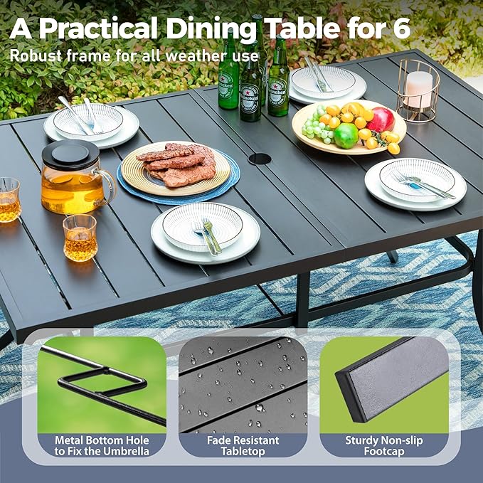 7 PCS Patio Dining Set for 6, Rectangular Metal Table with Umbrella Hole, 6 x Brown Dining Chairs, Outdoor Table and Chairs Set for Lawn Backyard and Deck