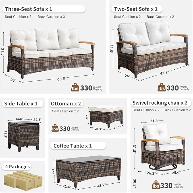 MEISSALIVVE 8 Pieces Patio Furniture Sets, PE Wicker Outdoor Conversation Sets with 2 Wood Armrests Swivel Rocker Chairs, 2 Ottomans, 2 Sofas and Coffee Table(Brown)
