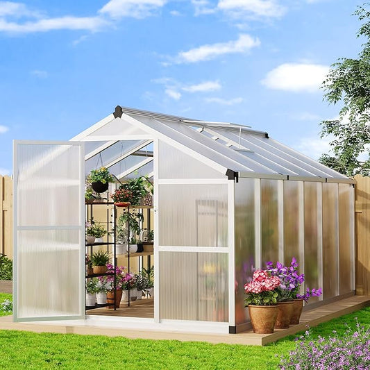 8 x 12 FT Greenhouse, Heavy-Duty Polycarbonate Large Walk-in Greenhouse Roof Vent ,Aluminum Frame & Lockable Door, for Backyard, Green Houses for Outside Garden Backyard