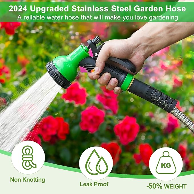 Metal Garden Hose 25ft, Stainless Steel Water Hose Leak-Proof w/10 Function Sprayer Nozzle, 5/8" Fittings Flexible Garden Hose, Long-Lasting, Lightweight, No-Kink Water Hose, for Yard and Lawn