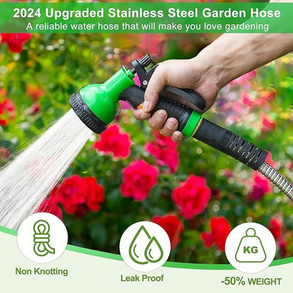 Metal Garden Hose 25ft, Stainless Steel Water Hose Leak-Proof w/10 Function Sprayer Nozzle, 5/8" Fittings Flexible Garden Hose, Long-Lasting, Lightweight, No-Kink Water Hose, for Yard and Lawn