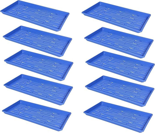 SUNPACK 10" x 20" Heavy Duty Shallow Plastic Seed Starting Tray, Blue, 1" (Pack of 10) - Lined with Drainage Holes for Excess Water and Aeration, Ideal for Greenhouses or Indoor Gardening