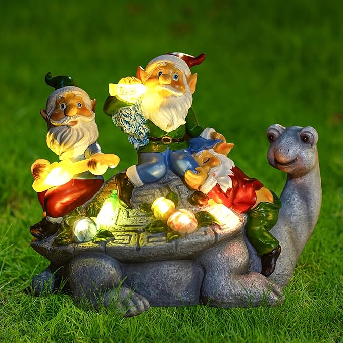 Solar Garden Outdoor Statues Three Gnomes Having Party on Turtle with 7 LED Solar Figurine for Lawn,Patio,Balcony,Yard Decor Unique Housewarming Gift, for Grandfather, Father,Grandma,Wen