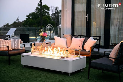 Elementi+ | Bundle Athens Gas Fire Pit | Concrete Body & Marble Porcelain Top | 62" Rectangular Fire Table | Electronic Ignition | Canvas Cover, Fire Glass, Burner Lid & More | White | Natural Gas