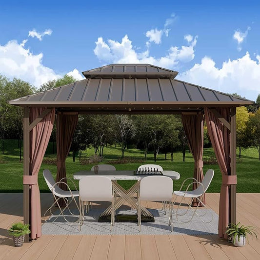 10'x12' Hardtop Gazebo, Outdoor Aluminum Frame Galvanized Steel Double Roof Pavilion with Netting and Shaded Curtains, Permanent Metal Pergolas for Patio, Backyard, Deck and Lawns.
