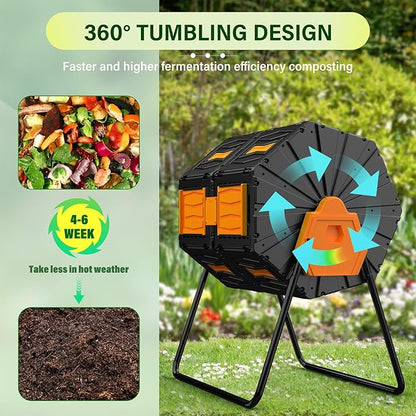 Compost Bin Outdoor 45 Gallon, BPA-Free Dual Chamber Rotating Composter for Kitchen Waste, Heavy-Duty Fast Compost Tumbler Great Sustainable Gift for Winter Garden Yard & Spring Ready Soil