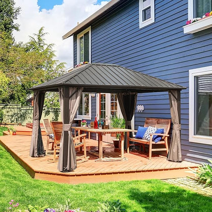 Domi 10'x12' Hardtop Gazebo Canopy,Outdoor Metal Gazebo with Galvanized Steel Roof,Curtain and Netting,Permanent Gazebos Pavilion for Patio Deck,Backyard