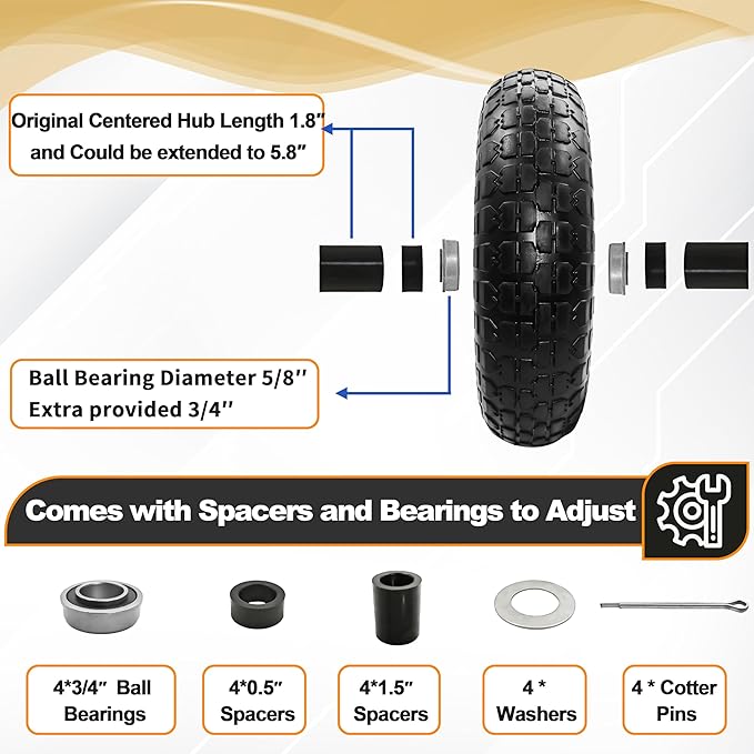 2PC 4.00-6 Flat-Free Tires and Wheels,13" Rubber Solid Tire, with 5/8" & 3/4" Bearing, 1.8"-5.8" Centered Hub Length, 4.00-6 tire and wheel Fit for Gorilla Cart, Garden Cart/Hand Truck/Wheelbarrowetc.