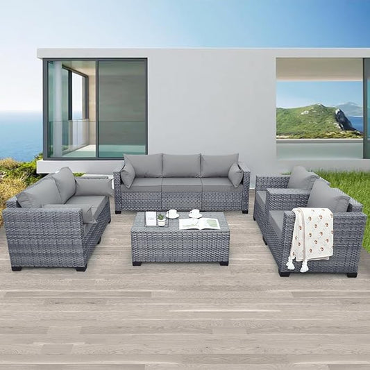 5 Piece Wicker Patio Furniture Sets Outdoor Conversation Set, PE Rattan Sectional Sofa Couch with Storage Table and Non-Slip Grey Cushions, Furniture Covers Included