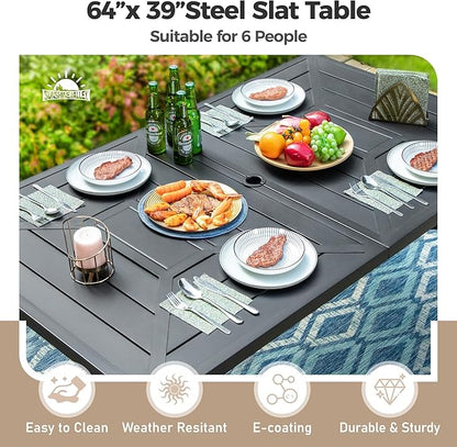 Patio Dining Set for 6, 64" Rectangular Metal Dining Table with Umbrella Hole and 6 Chairs, Outdoor Table and Chairs Set for Lawn Garden Backyard and Deck, Brown