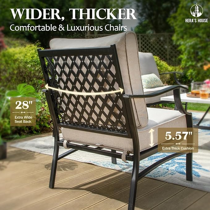 HERA'S HOUSE Outdoor Chairs Set of 2, 2 x Patio Chair with Beige Cushions, All Weather Outdoor Furniture for Lawn Garden Backyard Deck(Leg Chairs)