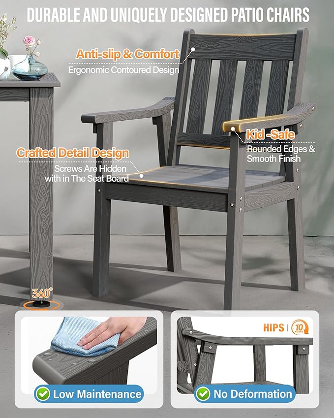 YEFU HIPS Patio Table Set: 5 Piece Outdoor Table and Chairs Dining Furniture Set with Umbrella Hole - Gray Modern Plastic Dining Sets 4 Person for Outside Deck with Metal Aluminum Frame