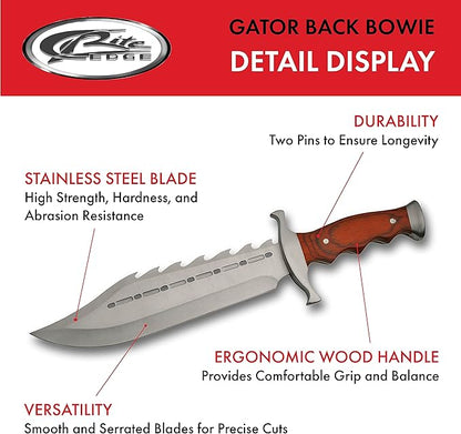 SZCO Full Tang Gator Back Skinning Knife 15 Inch - Camping Knife with Wood Handle & Sawback Stainless Steel Blade with Sheath - Pocket Knife for Hunting, Camping & Outdoor Uses - Knives for Men