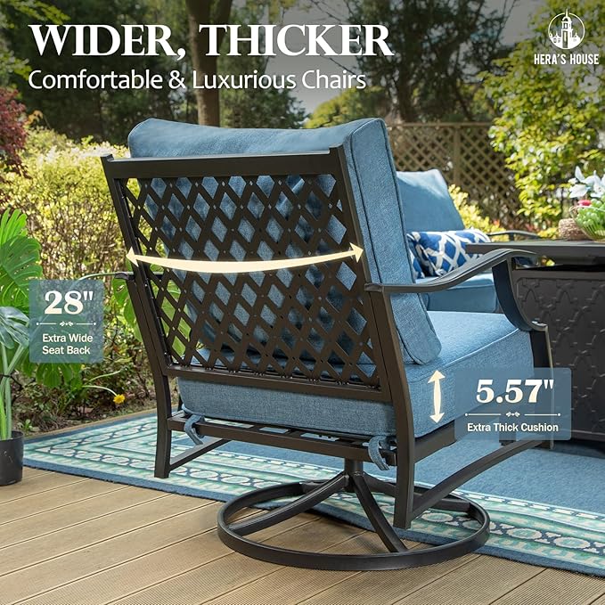 HERA'S HOUSE 4 Piece Patio Furniture Set, 2 x Swivel Cushioned Chair, 3-Seat Sofa with Marbling Coffee Table, All Weather Outdoor Conversation Set for Lawn Garden Backyard, Navy Blue