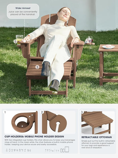 KINGYES Folding Adjustable Adirondack Chair with Ottoman & 2 Cup Holders Set of 4, HDEP Reclining Adirondack Chair with Footrest, Brown