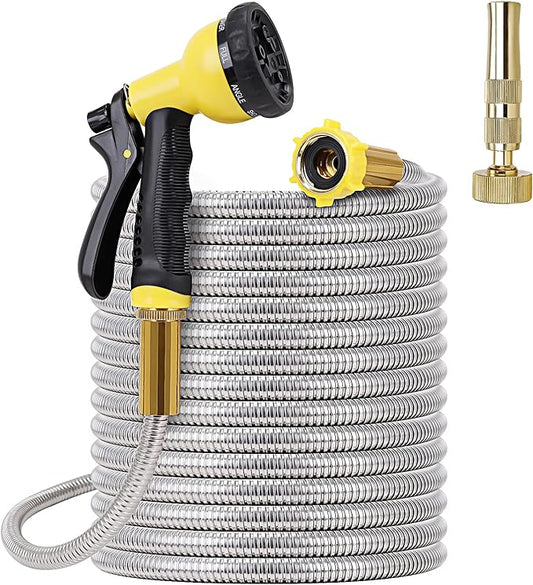 FOXEASE Metal Garden Hose 50FT - Stainless Steel Heavy Duty Water Hose with Metal Nozzle & 8 Function Sprayer, Portable & Lightweight Kink Free Yard Hose, Outdoor Hose