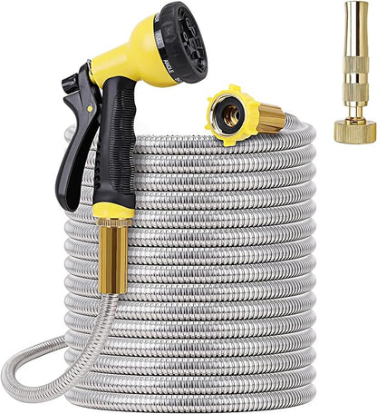 FOXEASE Metal Garden Hose 75FT - Stainless Steel Heavy Duty Water Hose with Metal Nozzle & 8 Function Sprayer, Portable & Lightweight Kink Free Yard Hose, Outdoor Hose