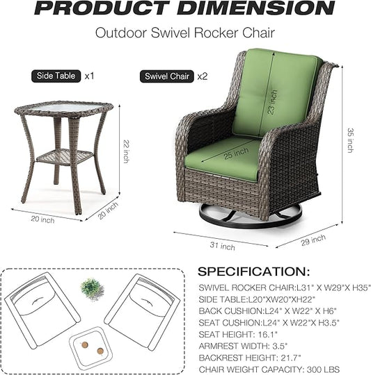 Joyside Outdoor Swivel Rocker Patio Chairs Set of 2 and Matching Side Table - 3 Piece Wicker Patio Bistro Set with Premium Fabric Cushions(Mixed Grey/Green)