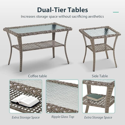 7 Piece Patio Furniture Set - Wicker Patio Conversation Set with Swivel Glider, 3 Seat Sofa, 2 Ottomans, Glass Side Table and Coffee Table for Deck Backyard - Grey Wicker Red Cushion