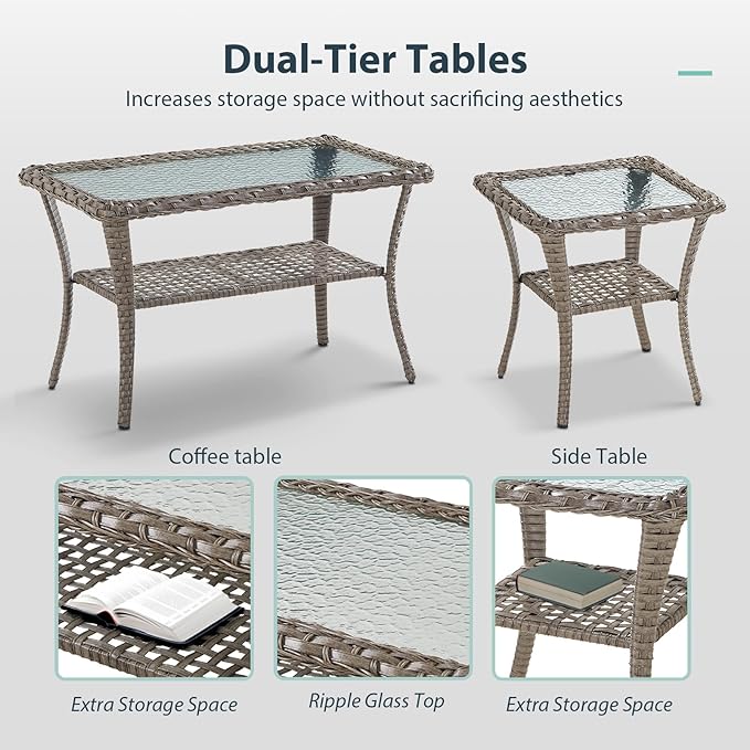 7 Piece Patio Furniture Set - Wicker Patio Conversation Set with Swivel Glider, Glider Loveseat, Tempered Glass Side Table and 2 Ottomans for Deck Backyard - Grey Wicker Blue Cushion